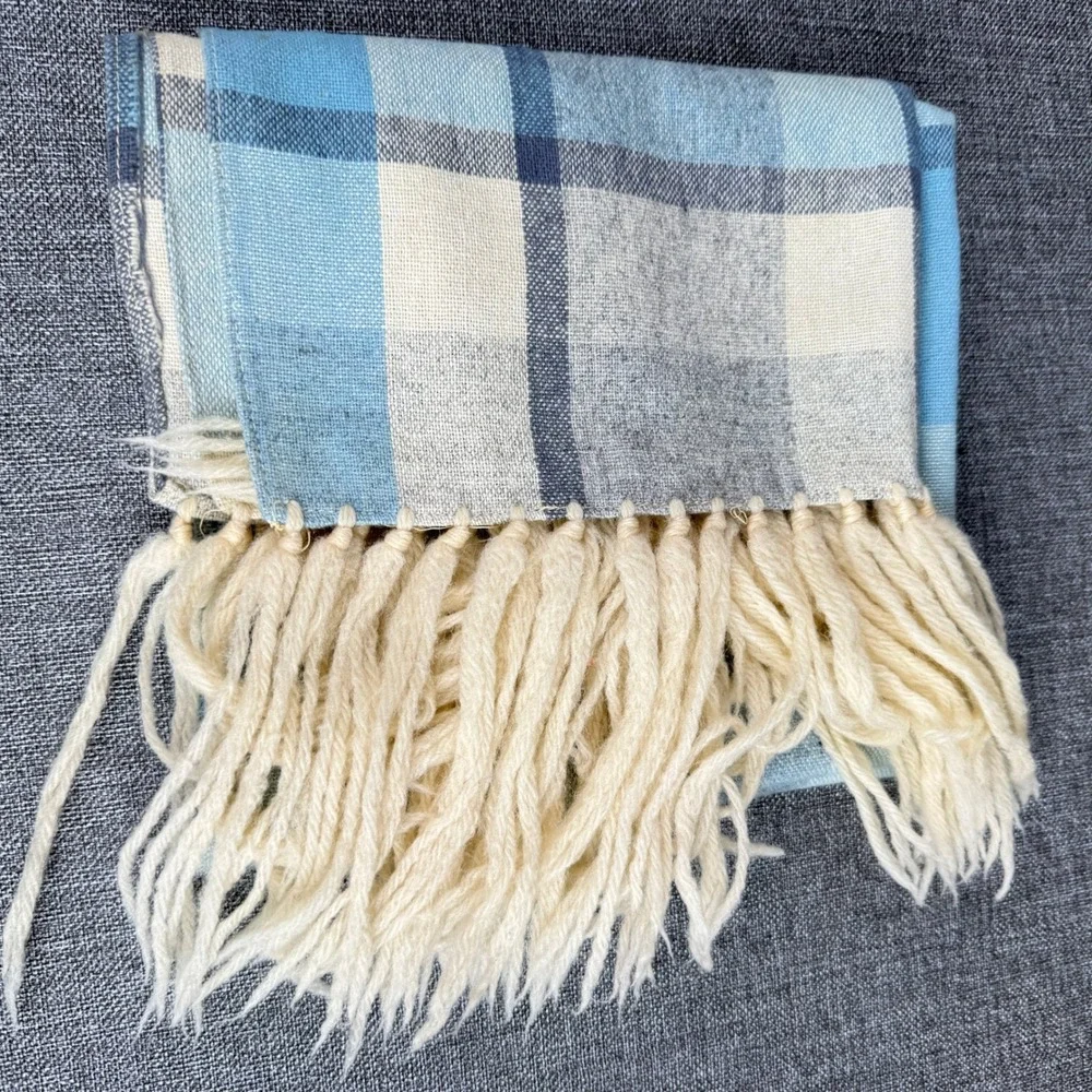 Baar & Beards Vintage Plaid Scarf Blue Cream Wool Rayon Blend Fringe Excellent